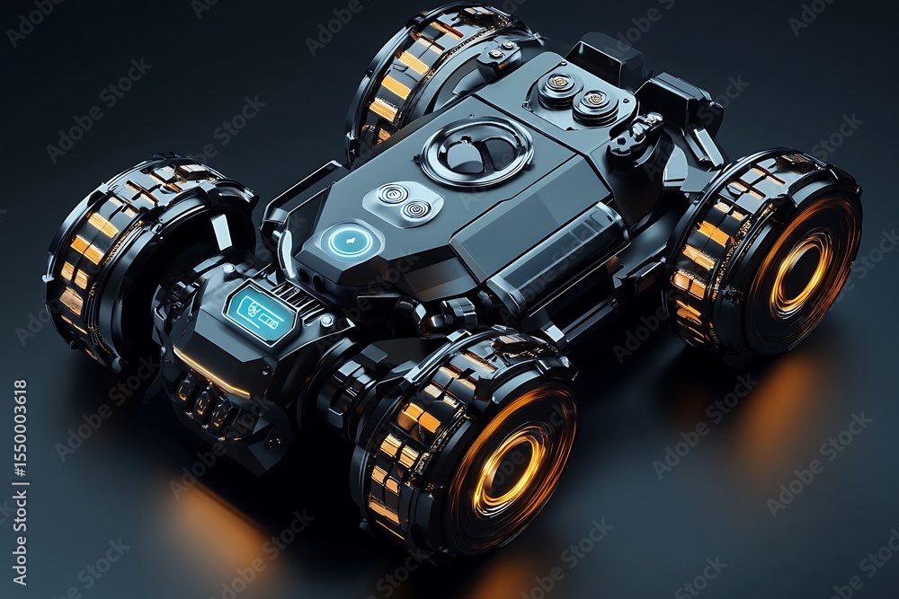 Poster 3d icon of a mobile robot platform with sensor modules and flexible wheels, metallic textures
