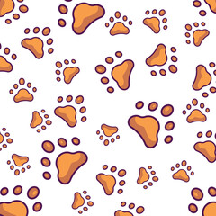 Pet paw pattern. Animal background with dog cat paws. Hand drawn vector