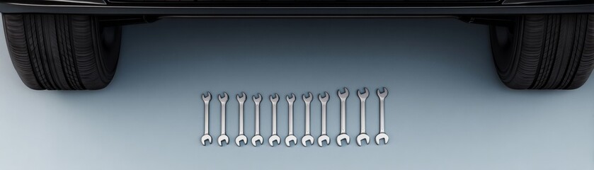 Industrial garage setting efficient automotive tools and wrench arrangement overview