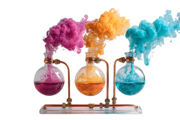 Colorful smoke rising from science experiment beakers.