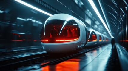 This image showcases a sleek, futuristic train illuminated by neon lights in a dimly lit environment, capturing a sense of advanced technology and travel speed.