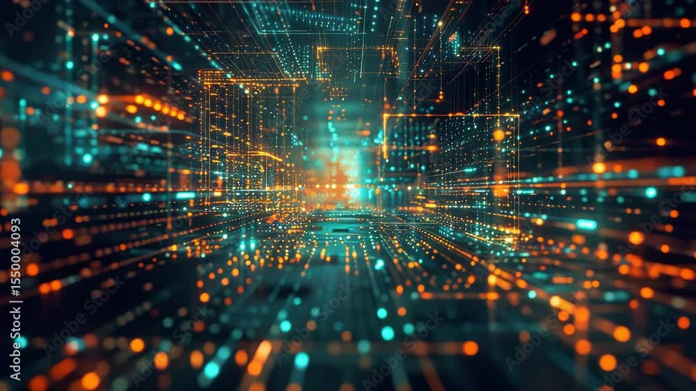Poster Explore a vibrant digital landscape with glowing lines and dynamic particles in high-quality 4k resolution showcasing a futuristic environment