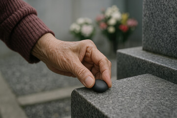 Elderly hand gently placing a smooth stone on a grey monument as a gesture of remembrance, with blurred flowers in background