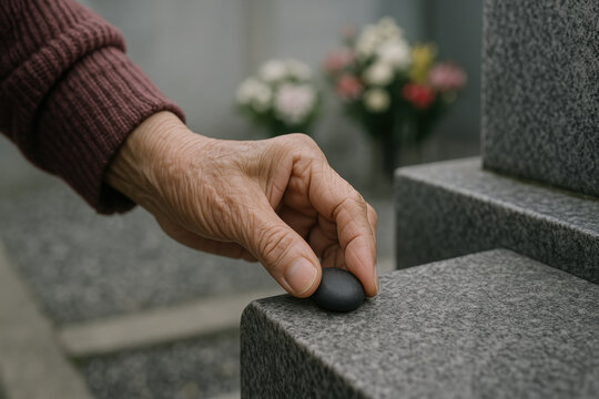 Elderly hand gently placing a smooth stone on a grey monument as a gesture of remembrance, with blurred flowers in background