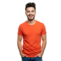 Fototapeta premium Smiling young man in orange t-shirt looking at camera with hands in pockets on Isolated Background