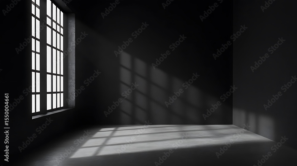 Poster dark empty room with window and shadows. 3d rendering.