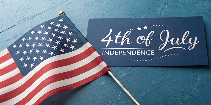 American flag and fourth of july independence day greeting card on blue wooden background - Powered by Adobe