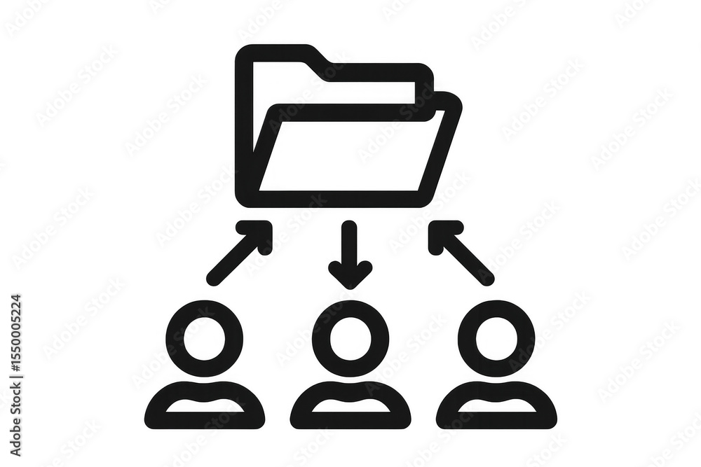 Poster file sharing concept with people uploading and downloading files from a central folder, with transpa