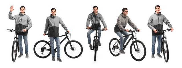 Young man with bicycle on white background, collage of photos
