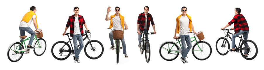 Young man with bicycle on white background. Collection of photos