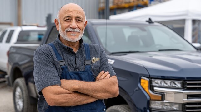 Middle-aged Hispanic mechanic stands with arms crossed in a dark blue uniform, showcasing expertise in a busy car workshop