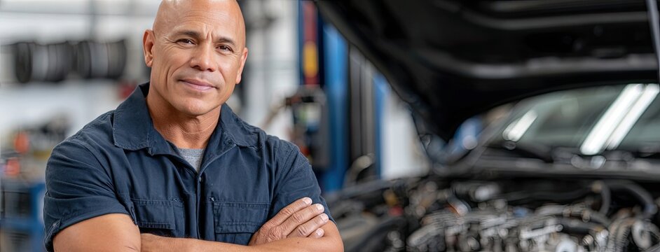 Middle-aged Hispanic mechanic stands with arms crossed in a dark blue uniform, showcasing expertise in a busy car workshop