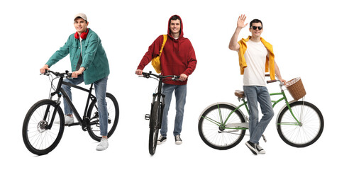 Young man with bicycle on white background. Collection of photos