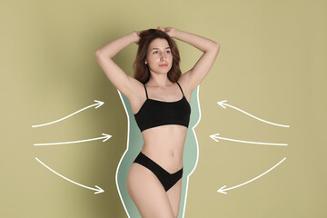 Beautiful woman showing her slim body as result of healthy lifestyle on color background. Outline...