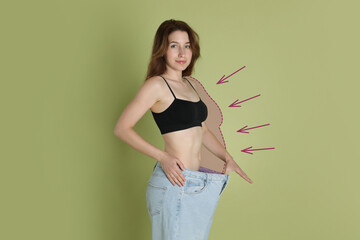 Slim woman with perfect body in oversized jeans on olive color background. Outline of previous...
