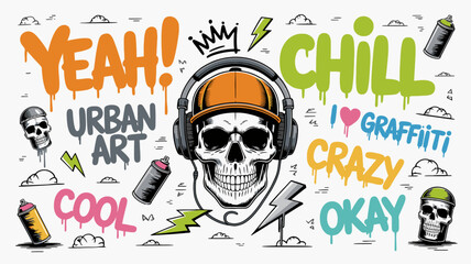 Multicolor Urban Graffiti Icon Set &ndash; Vibrant Street Art, Hip-Hop Culture, and Hand-Drawn Urban Symbols