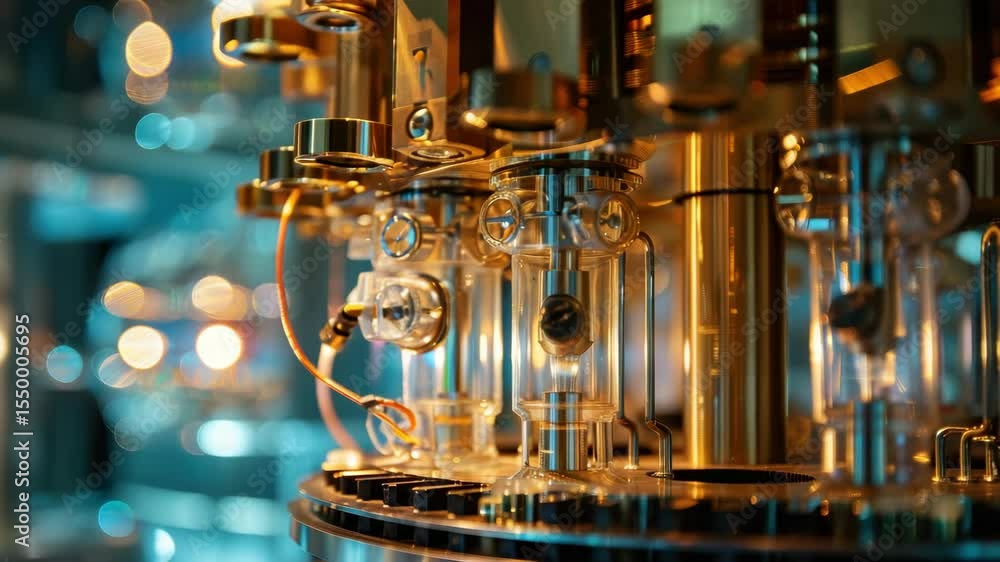 Aufkleber Exploring intricate machinery and technology in high detail with captivating golden components and shimmering lights in a modern laboratory setting