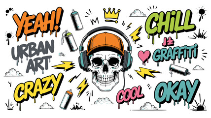 Multicolor Urban Graffiti Icon Set &ndash; Vibrant Street Art, Hip-Hop Culture, and Hand-Drawn Urban Symbols
