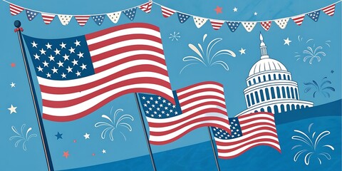 Fourth of July fireworks illuminate the night sky, featuring the vibrant red, white, and blue of the American flag with its iconic stars and stripes, symbolizing USA independence and patriotism