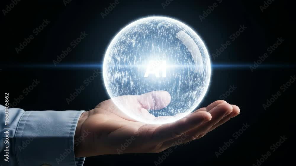 Poster ai innovation in the palm of your hand - a glowing orb containing the letters 