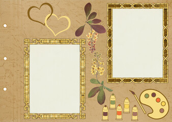 Scrapbook composition with flowers elements, brush, palette, pencil, tube and photo frame. Page for stories. Layout photo album with empty photo frames. Page from an old photo album. Barberry.