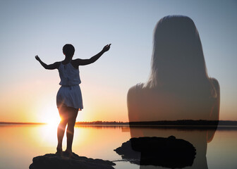 Woman enjoying seascape at sunrise, double exposure with silhouette of girl. Changes in mental...