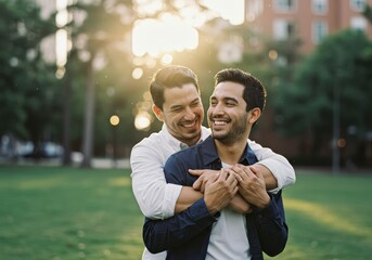 A happy gay couple embraces in a park, sharing a moment of love and affection.