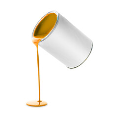 Orange paint pouring out of can on white background