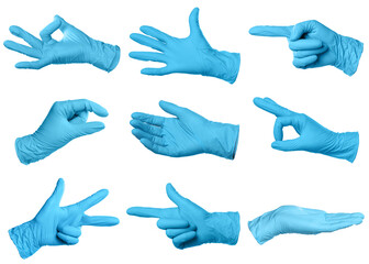 Nitrile medical gloves isolated on white, collage collage of gestures