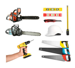 Different types of saws and other equipment on white background, set