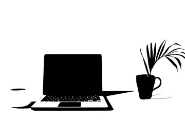 a black and white silhouette of a laptop on a table with a potted plant and a coffee cup black, coffee cup, computer, cup, laptop, laptop computer, plant, silhouette, table , Generative art.