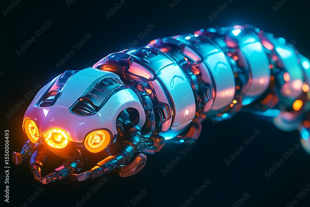 Poster 3d icon of a robotic caterpillar with segmented flexible parts, soft glows and modern tech vibe