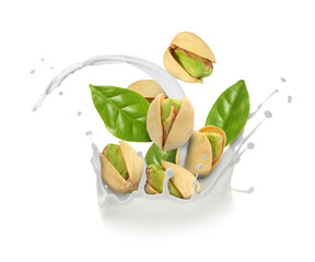 Milk splash with pistachios and green leaves in air on white background