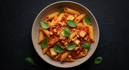 Delicious penne pasta with fresh basil and creamy cheese in a bowl.