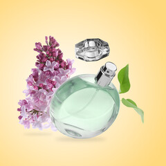 Bottle of floral perfume and blossoming lilac in air on beige gradient background