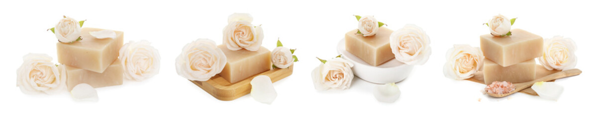 Soap bars and roses isolated on white, collage