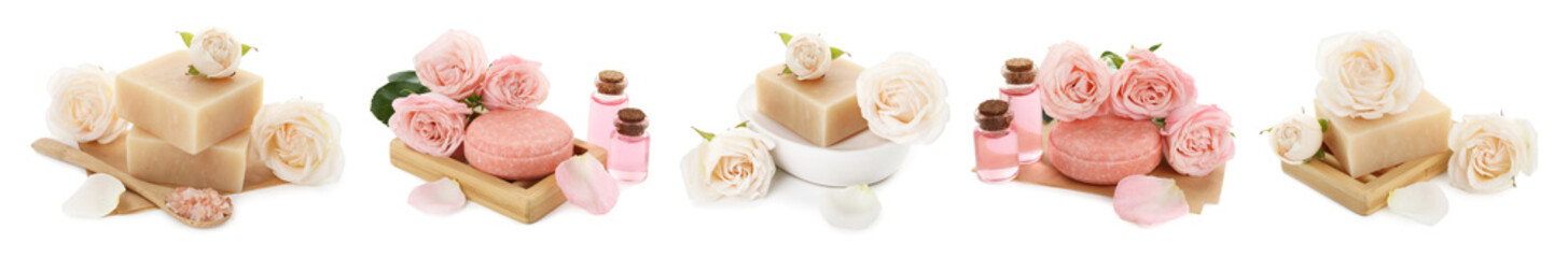 Soap bars with roses and essential oil isolated on white, collage