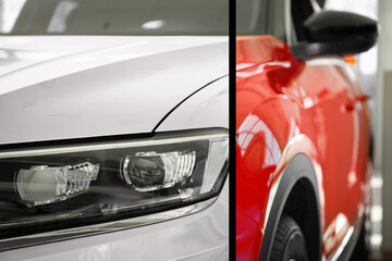 Modern white auto before and red after painting, closeup. Comparative collage of car repaint