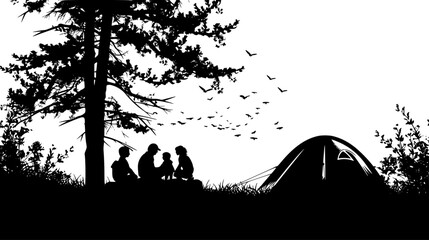 a black and white silhouette of people sitting next to a tent in the woods bird, black, forest, people, silhouette, sit, tent, tree, wood , Generative art.