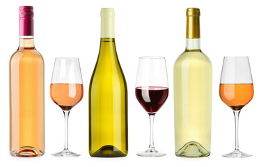 Different types of wine, set. Bottles and glasses isolated on white
