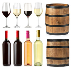Different types of wine, set. Bottles, glasses and barrels isolated on white