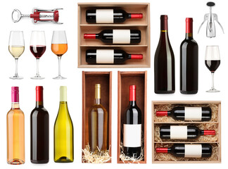 Set with wine bottles and glasses isolated on white