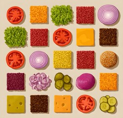 Creative flat lay composition of colorful burger ingredients arranged in a perfect grid on a neutral background. Featuring slices of tomato, onion, lettuce, pickles, various meats, cheese and sauces.