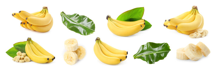 Yummy ripe banana fruits and green leaves on white background, collage