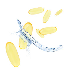 Collagen capsules and water splash on white background