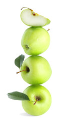 Green apples stacked on top of each other against white background. Balance