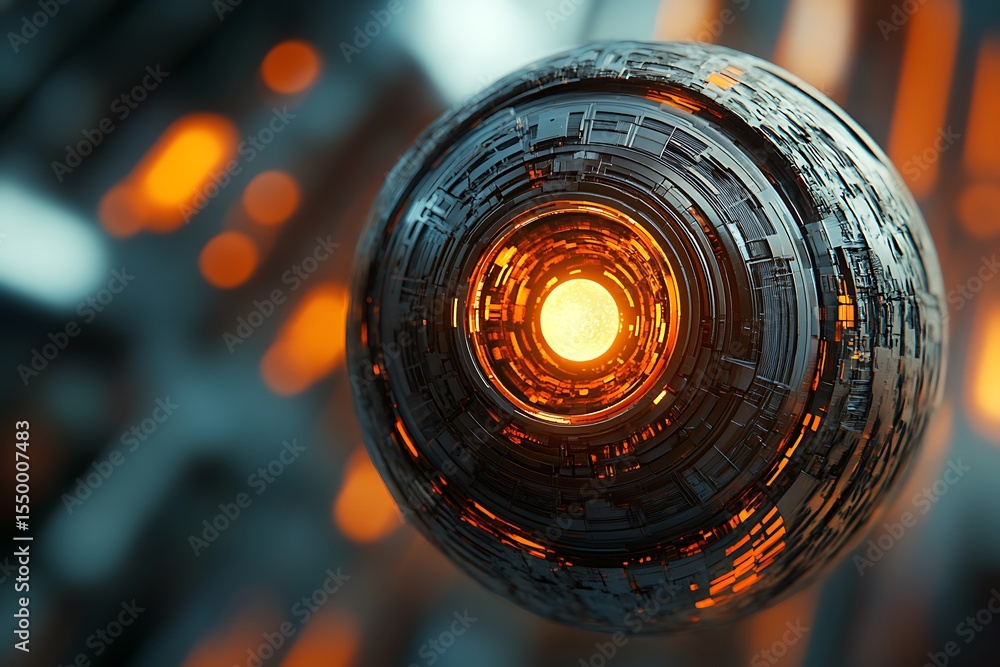 Poster 3d icon of a robotic sphere rolling autonomously, intricate surface textures and bright core