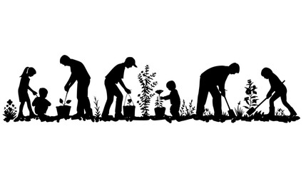 black silhouette of people working in the garden with children planting trees in the grass black, child, family, garden, gardener, grass, people, plant, silhouette, tree, work 