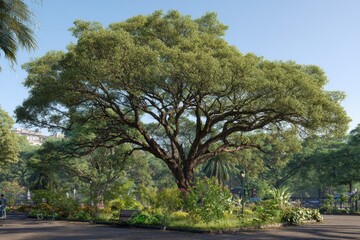 A majestic, sprawling tree dominates a meticulously landscaped garden, bathed in sunlight.