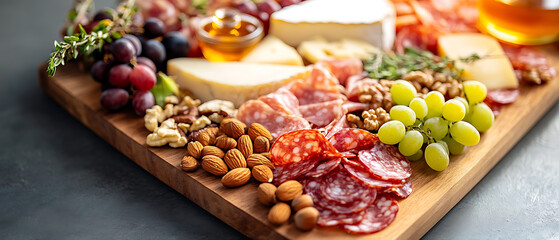 Fototapeta premium Artisanal Charcuterie Board with Cheese, Meats, Nuts, and Grapes